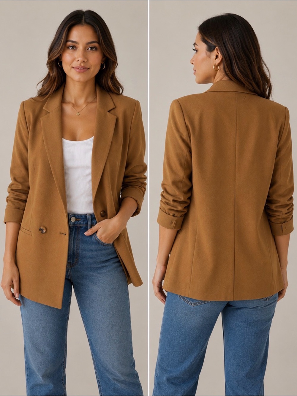 Express Tan Double-Breasted Blazer Jacket, size XS